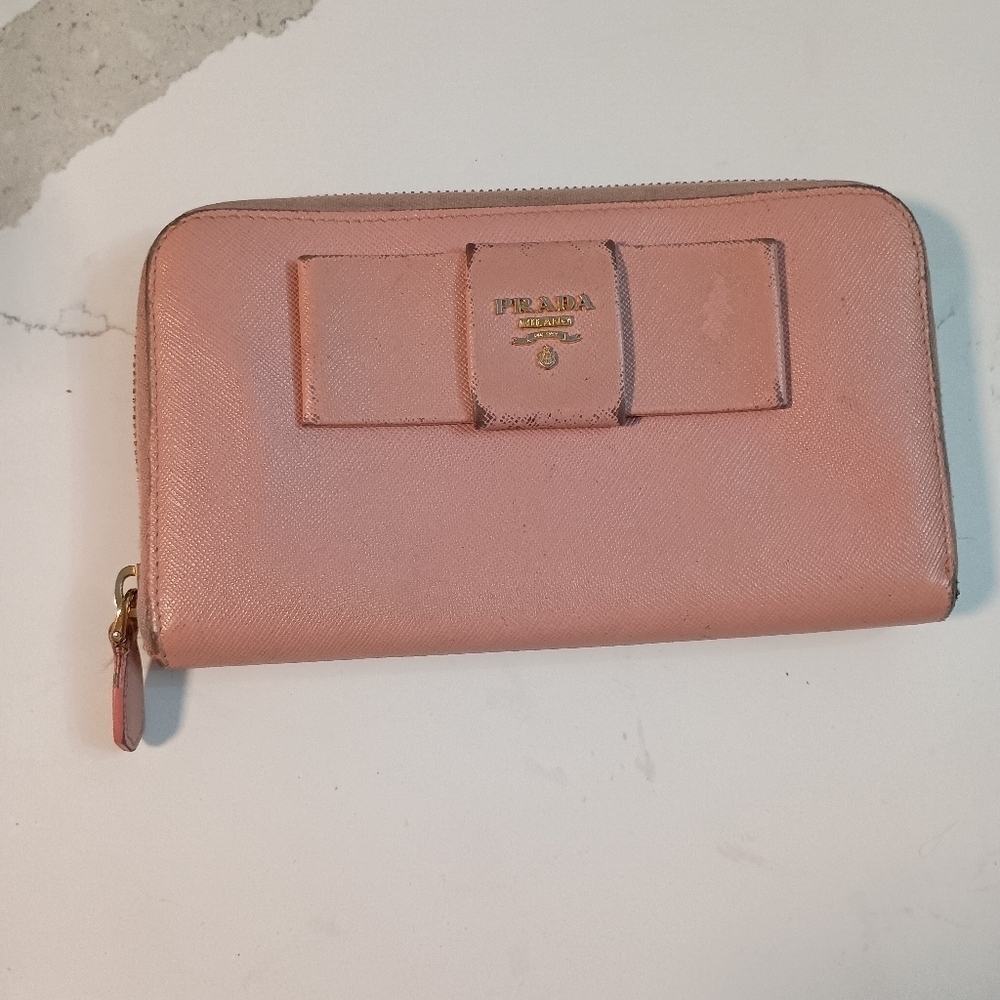Prada Wallet Light Pink Lampo Saffiano Leather Ribbon Bow Zip Around